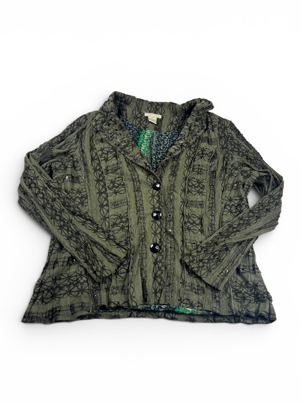 Alberto Makali Embroidered Jacket Green Artsy Retro 90s Boho Button Front XL